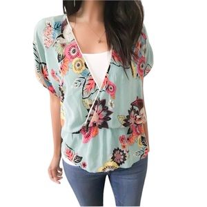 Anthropologie ModCloth Petticoat Alley Floral Short Sleeve Silk Blouse Size S